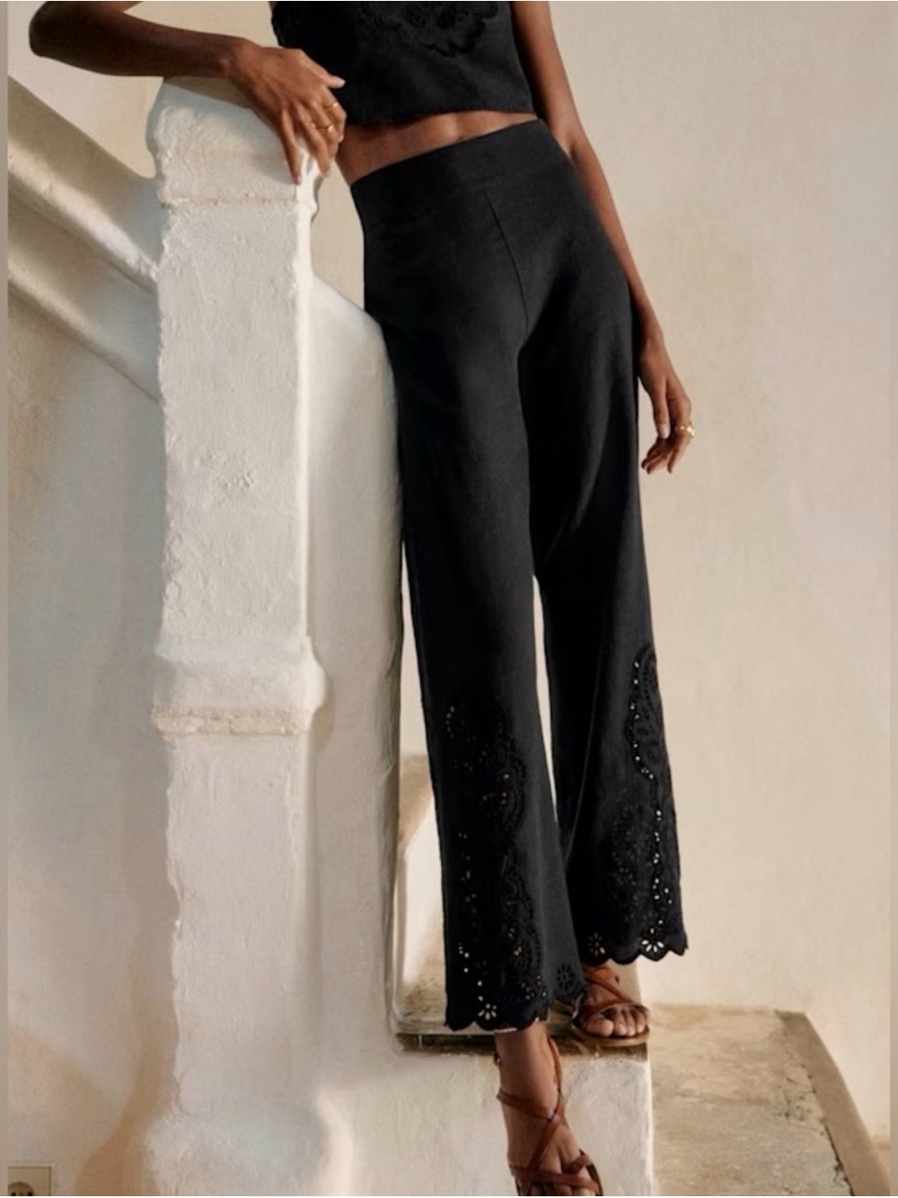 EUC Sézane Fausto Linen Blend Embroidered Trousers in Black size 12